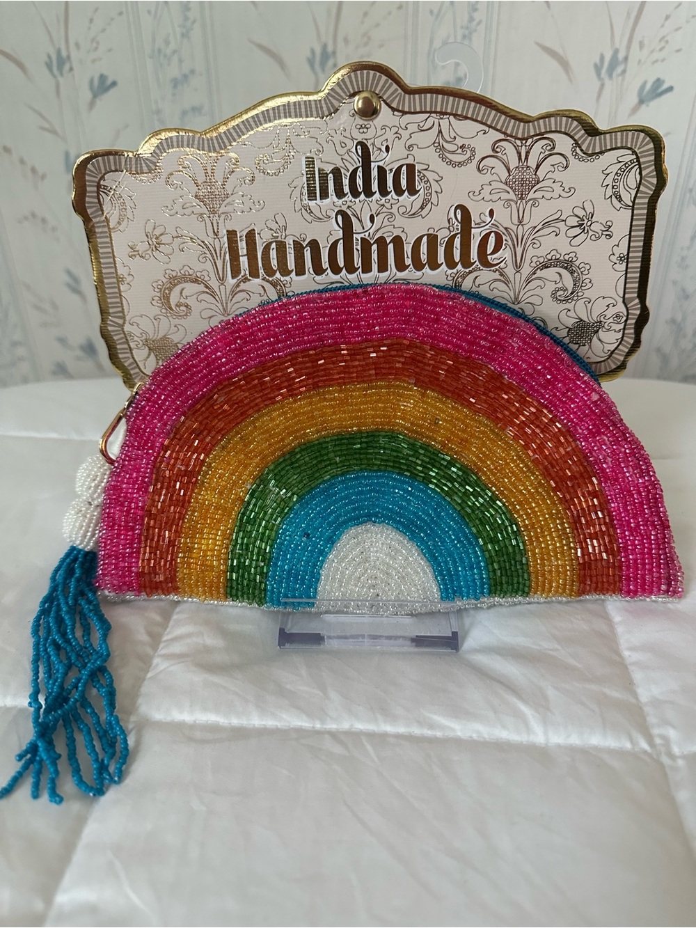 Handmade India Rainbow Beaded Wristlet  Pouch